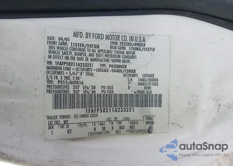 2001 Ford Taurus Se from USA, damaged, VIN 1FAFP58211A233251